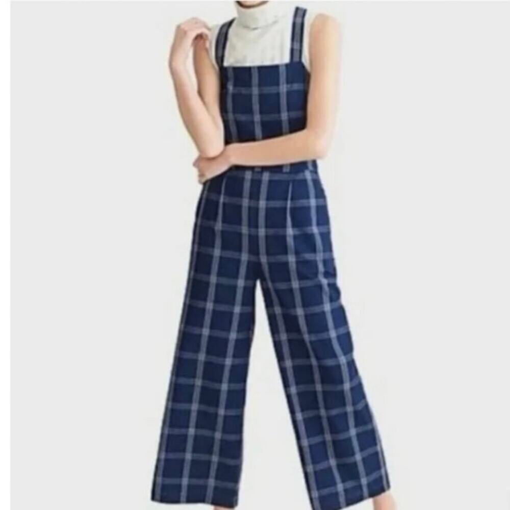 J. Crew Windowpane Cross Back Jumper Crop Pant Size 4 Cotton Blue White